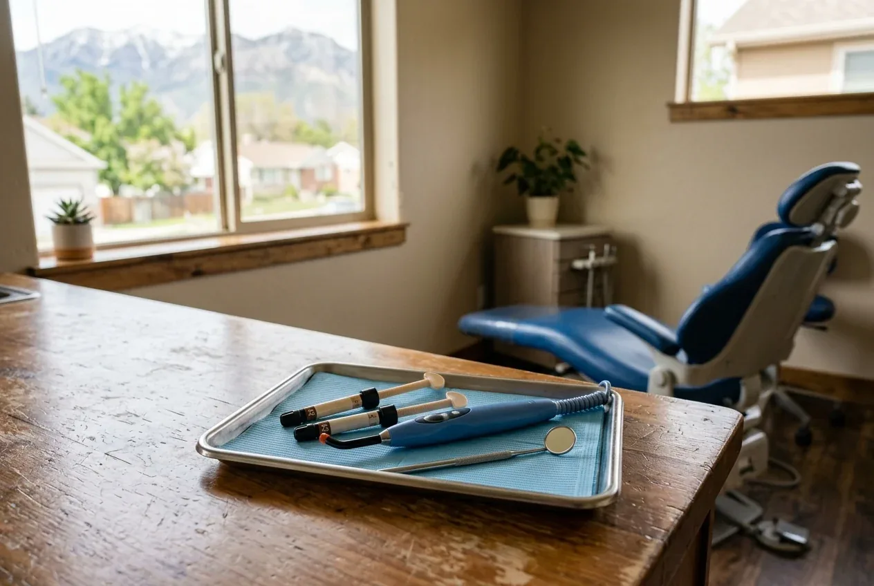 Dental instruments on a tray in a treatment room with a blue dental chair near a window.