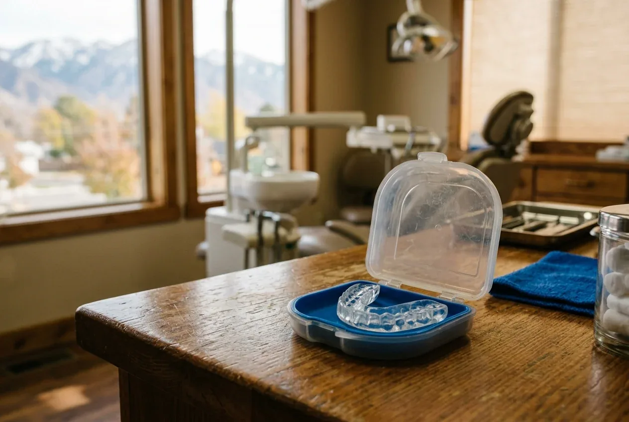 Clear mouthguard in an open case on a wooden counter in a dental treatment room.