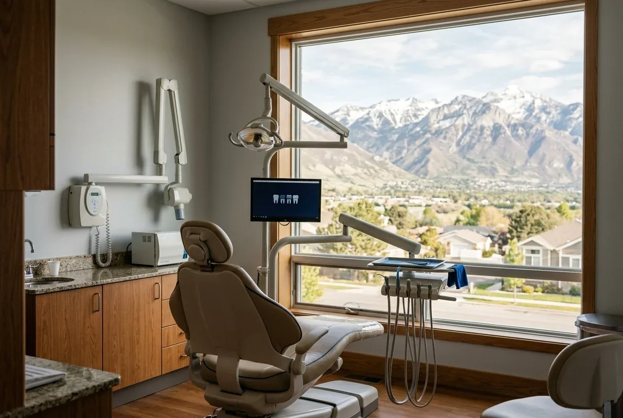 Dental chair and treatment equipment beside a large window overlooking snow-capped mountains.